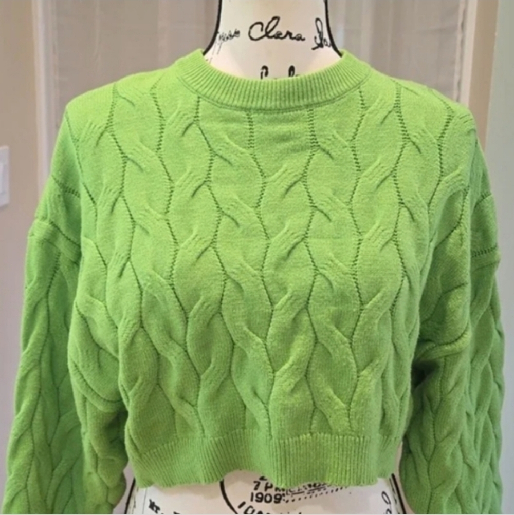 Cropped‎ Pink Rose Vibrant Green Cable Knit Sweater